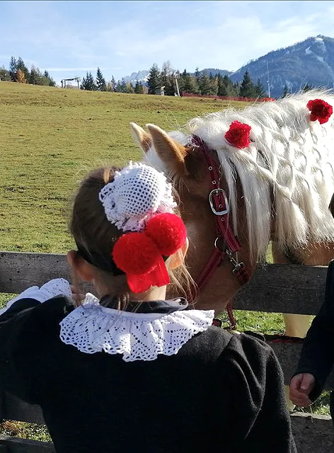 Woman in traditional dress with a festively decorated horse