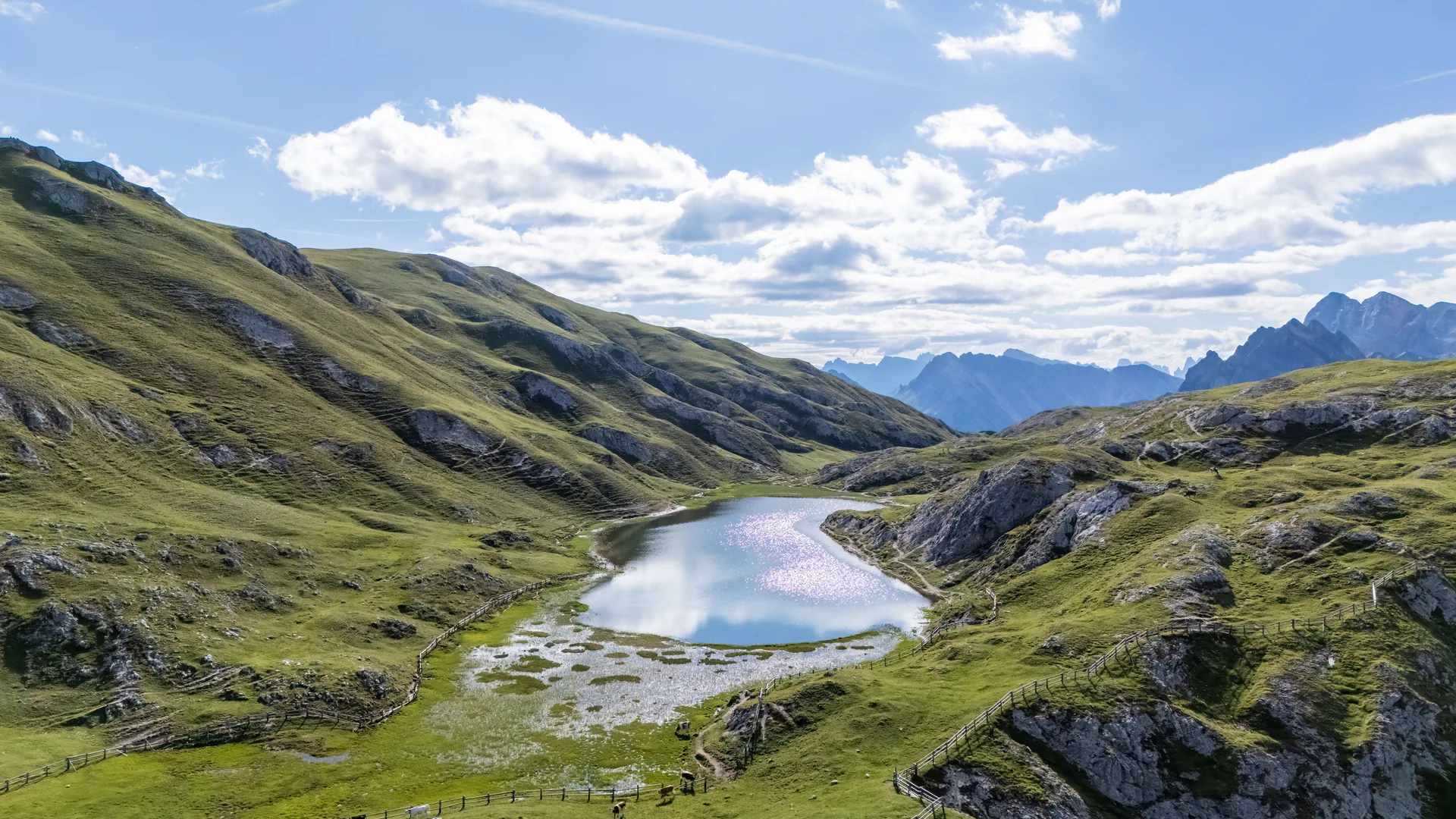 Bergsee zwischen grünen Almen
